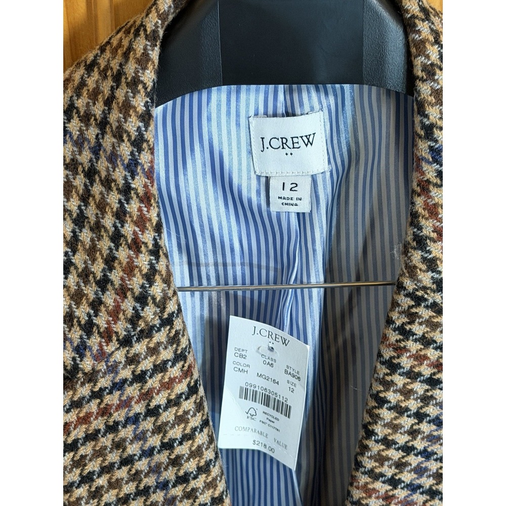 J.Crew Women's Size 12 Wool Houndstooth Plaid Blazer Brown Equestrian Jacket NWT
